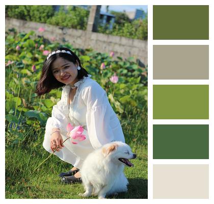 Lotus Pond Vietnamese Woman Dog Image